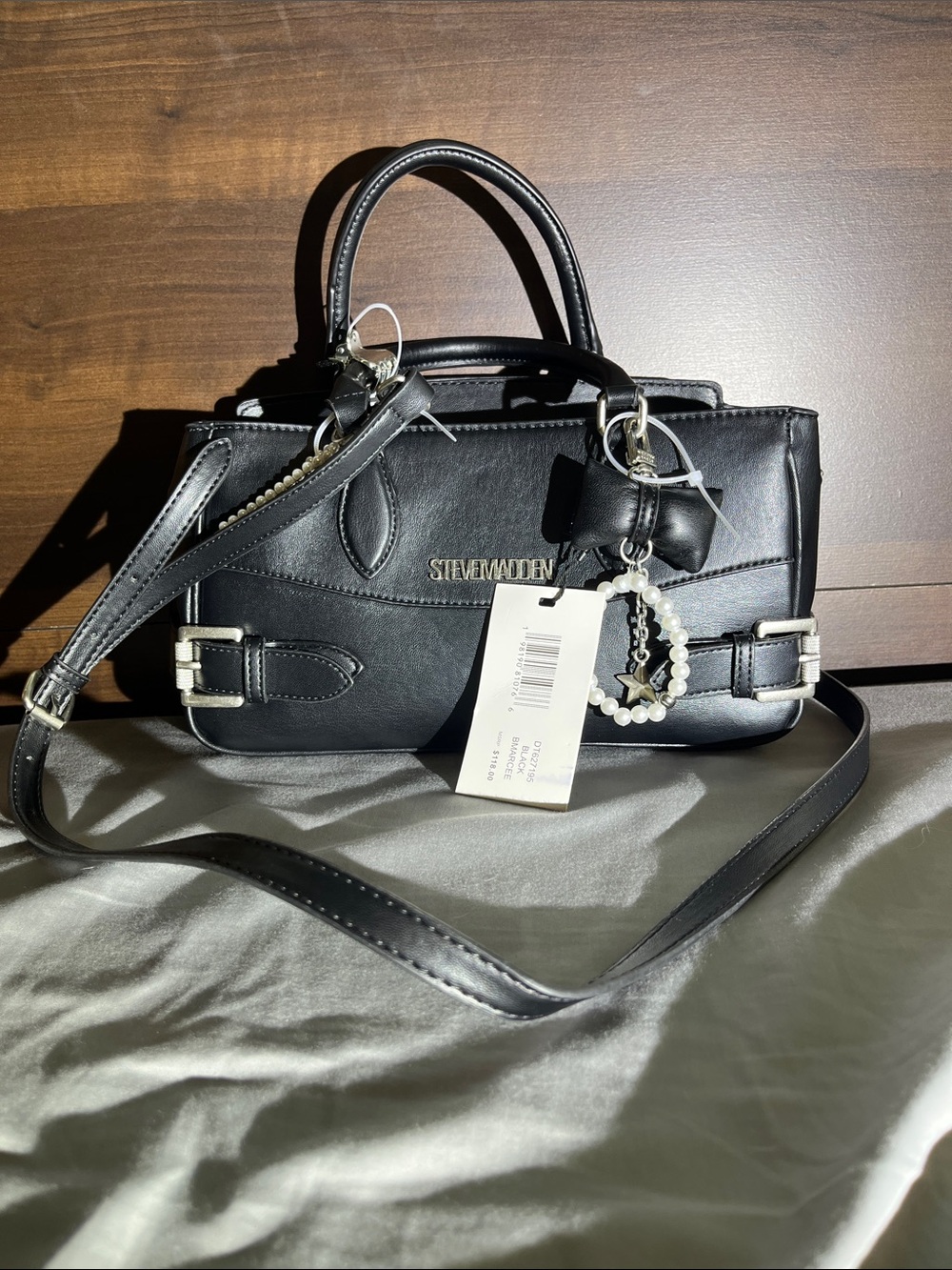 Steve Madden Black Mini Satchel with Pearl and Bow Charm